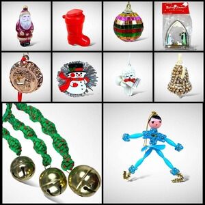 10 Vintage Christmas Ornaments Boots Skater Santa Macaroni Nativity Bells Copper